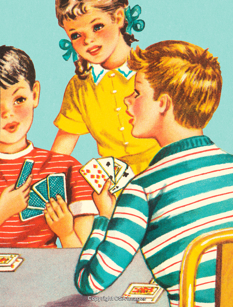 Vintage Illustration of Children Playing Cards Around a Table