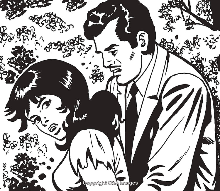 Vintage Comic-Style Artwork of Concerned Couple in Emotional Scene