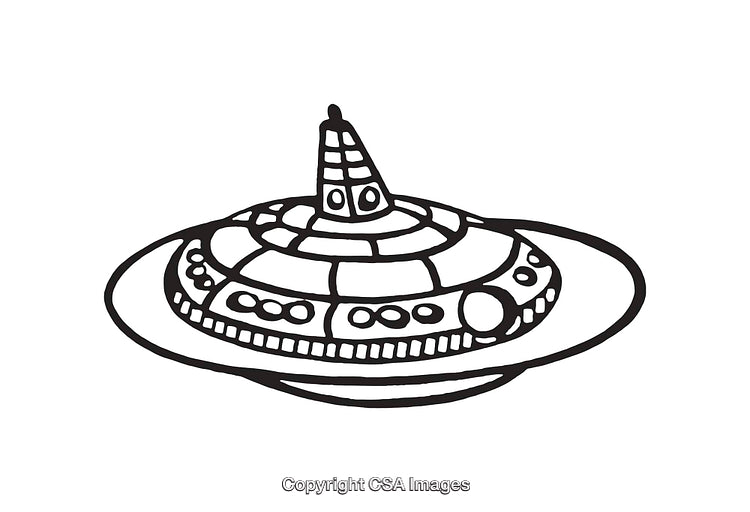 Black and White Line Art Illustration of a Retro UFO or Flying Saucer