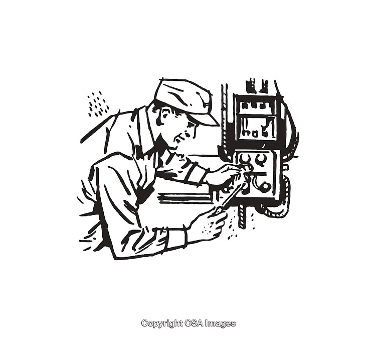 Skilled Technician Adjusting Control Panel in Black and White Illustration
