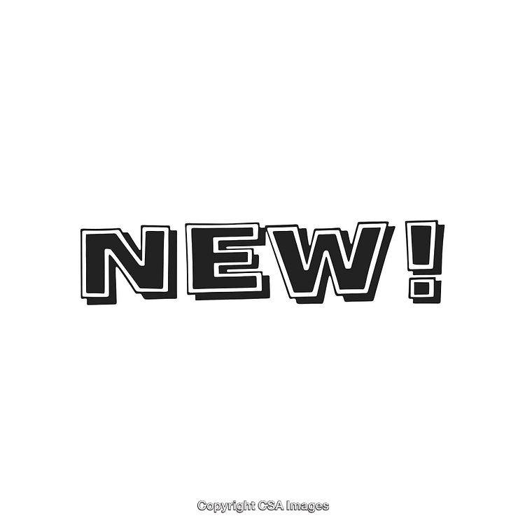 Bold Black and White Text Graphic Depicting the Word "New!" in Stylized Fonts