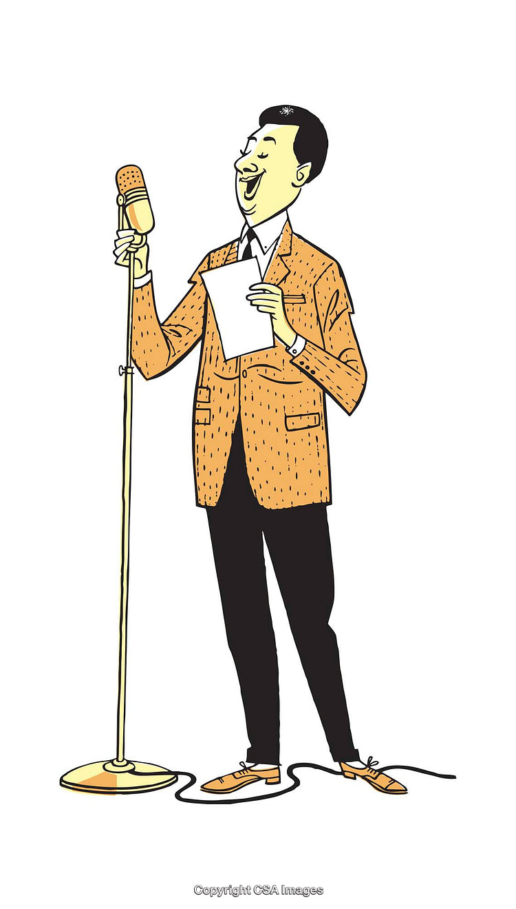 Illustration of Male Singer Performing with Microphone in Vintage Style