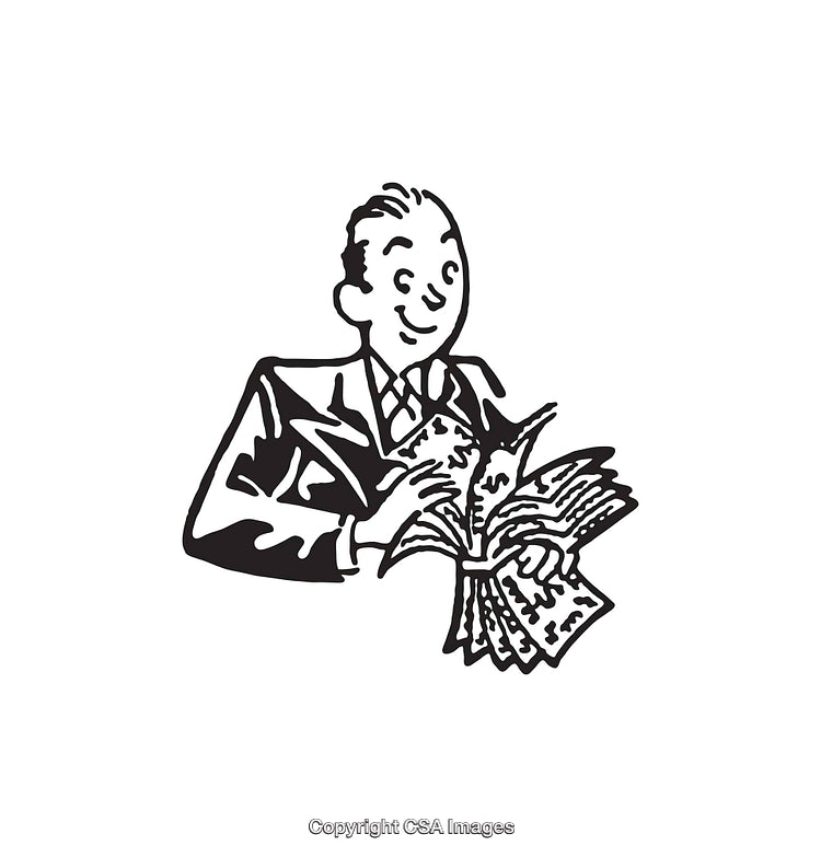 Vintage Style Illustration of Man Counting Money With a Joyful Expression