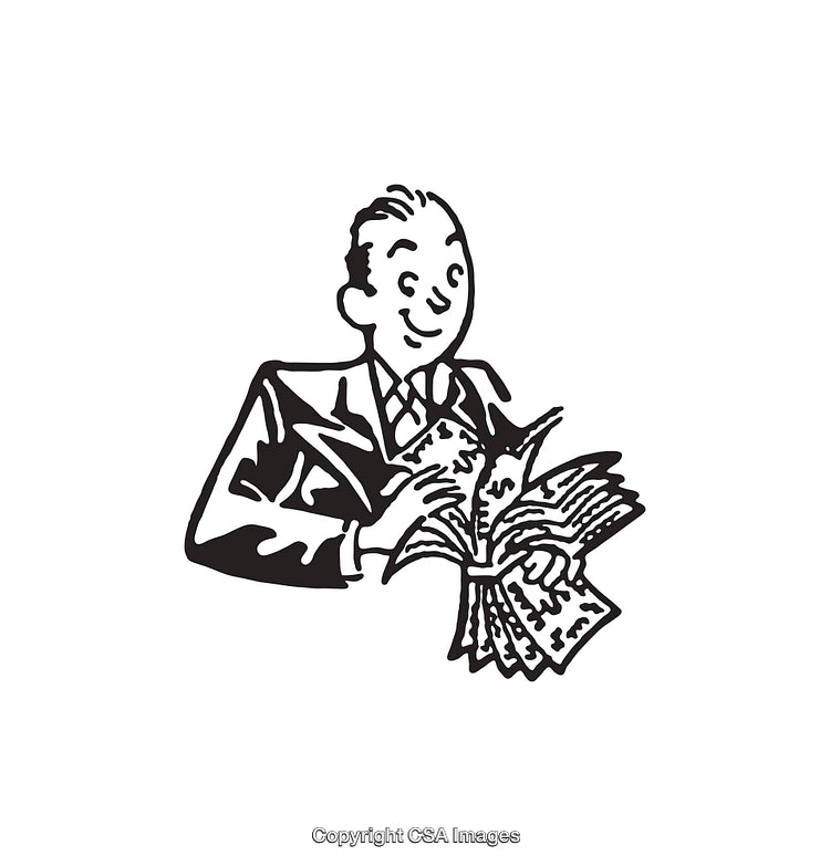 Vintage Style Illustration of Man Counting Money With a Joyful Expression