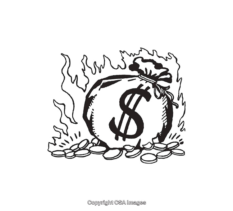 Black and White Illustration of Money Bag Surrounded by Flames