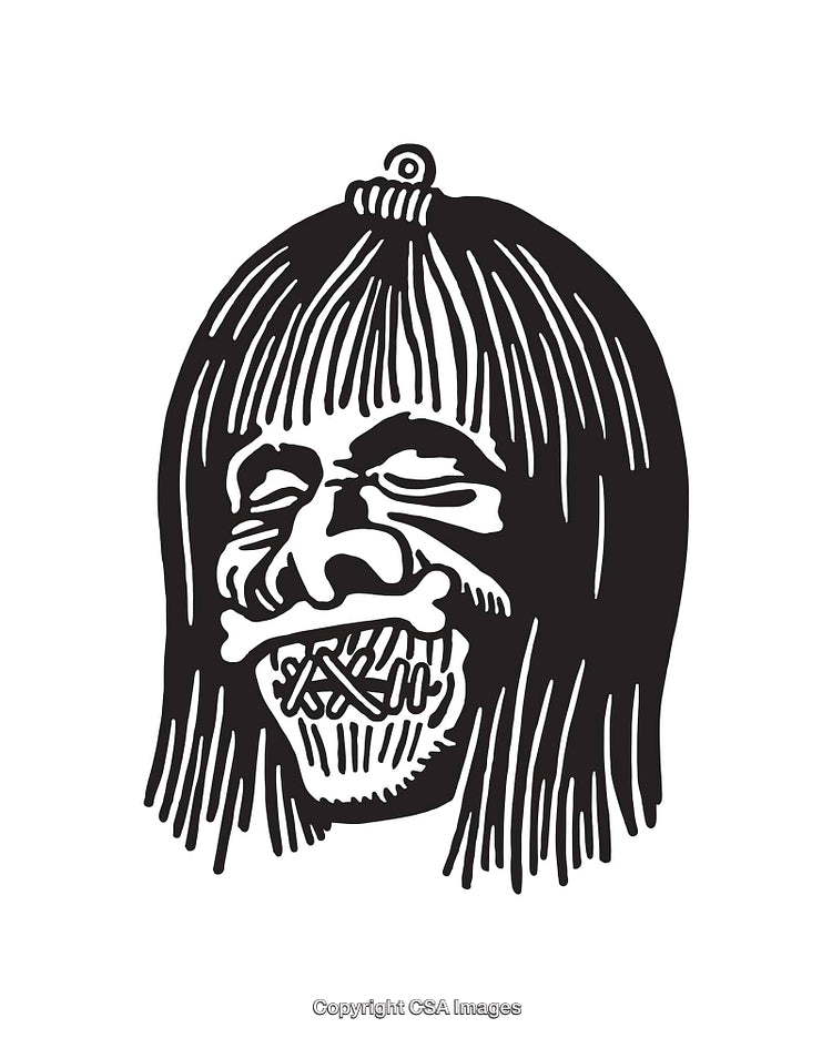 Black and White Line Art of a Tribal Mask with Bold Details
