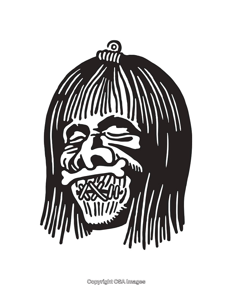Black and White Line Art of a Tribal Mask with Bold Details