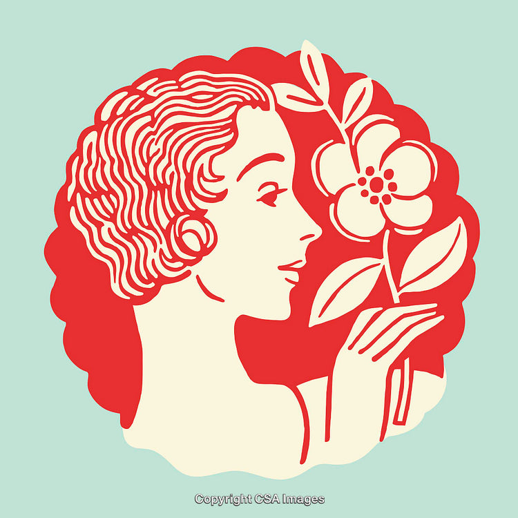 Elegant Retro Line Art of a Woman with a Flower in Red and Cream
