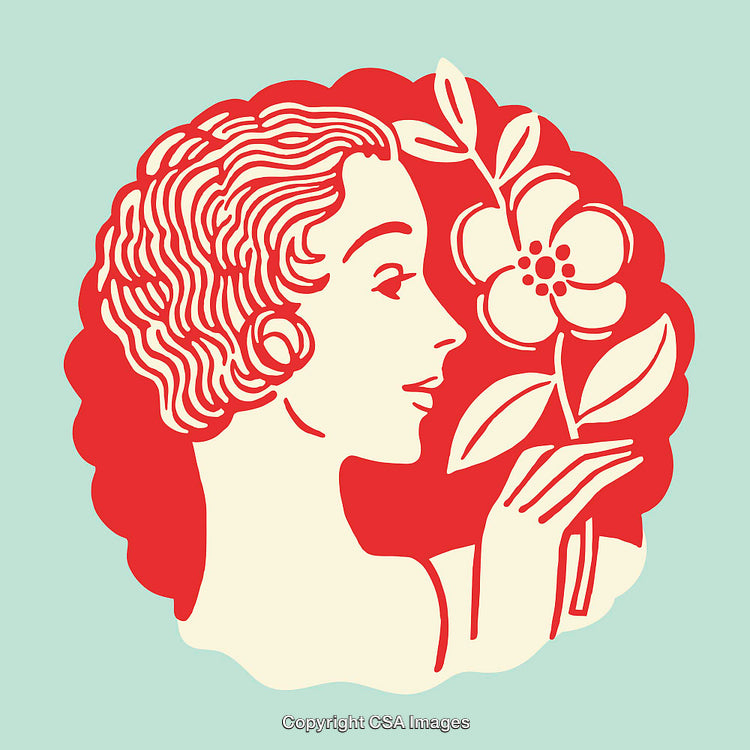 Elegant Retro Line Art of a Woman with a Flower in Red and Cream