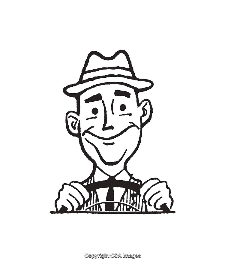 Black and White Illustration of a Man Driving a Car with a Smile