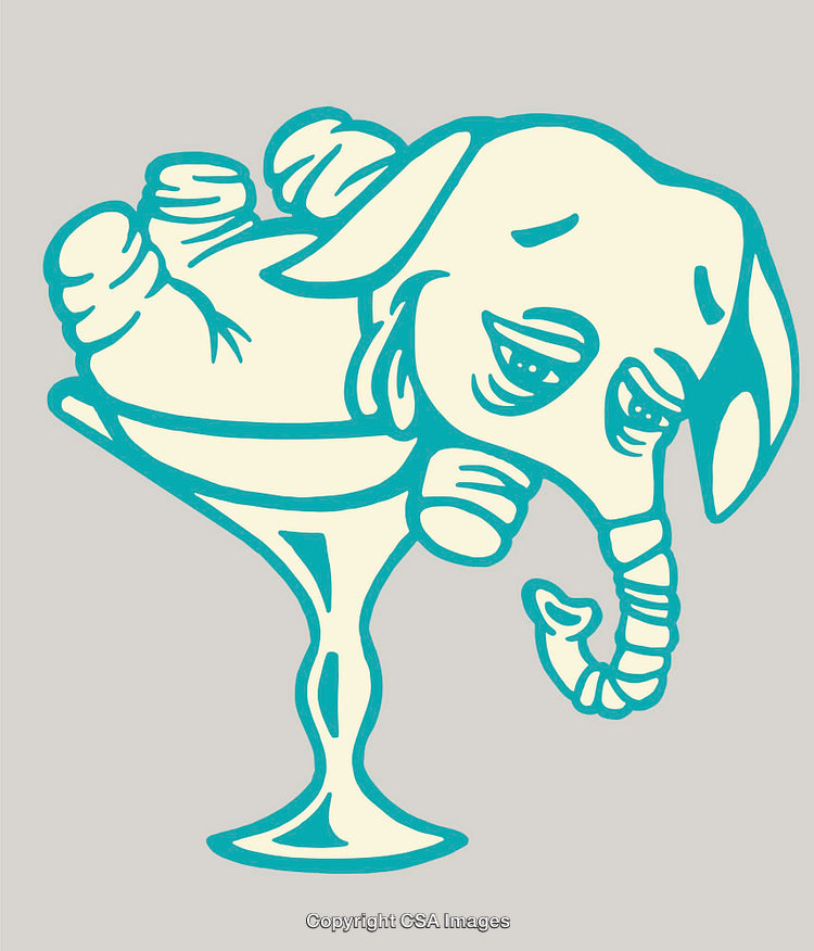 Whimsical Illustration of Elephant Relaxing in Cocktail Glass