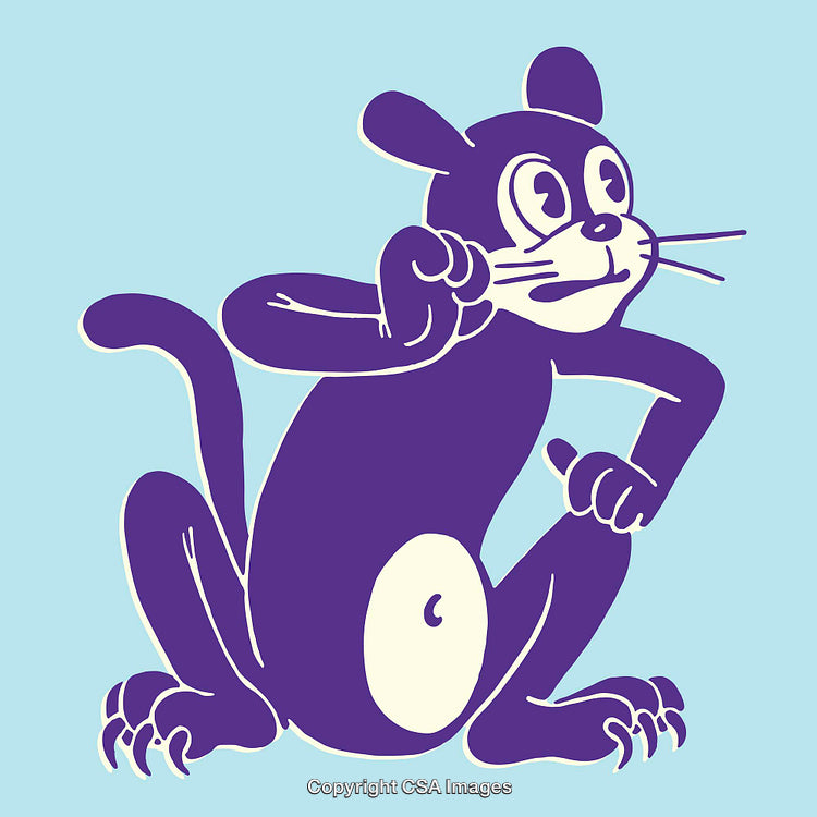 Vintage Style Purple Cartoon Cat in Curious Pose on Light Blue Background