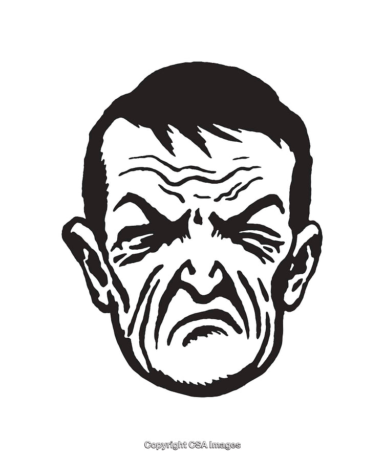Black and White Line Art Illustration of a Frowning Face with Wrinkles
