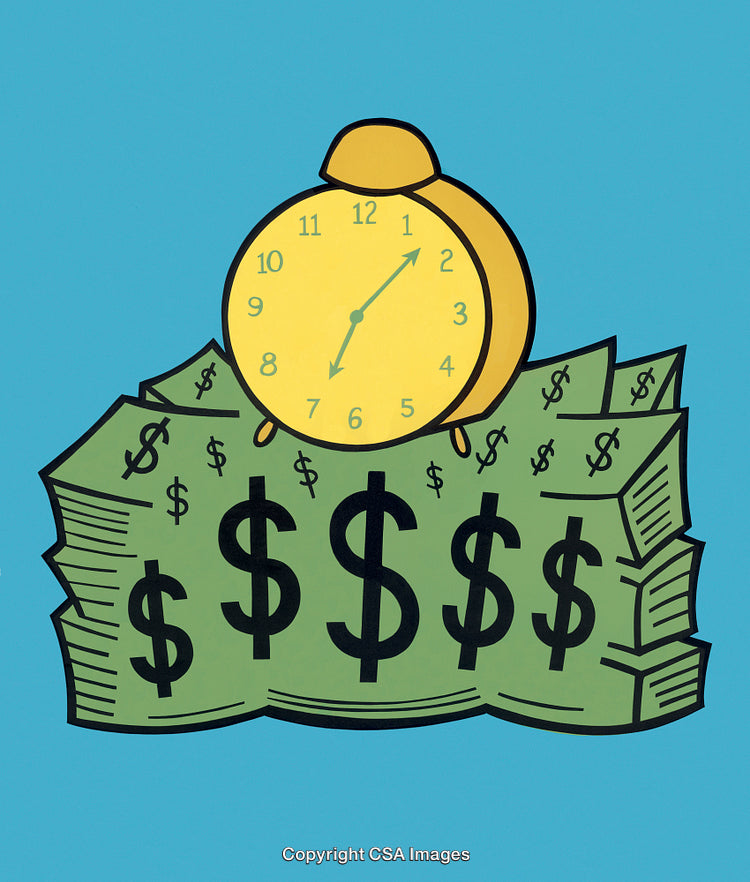 Illustration of Clock and Dollar Bills Representing Time and Money Management