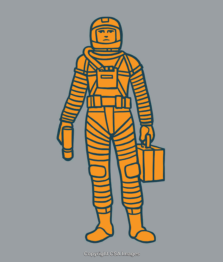 Colorful Line Art of a Retro Spacesuit Design Against a Gray Background
