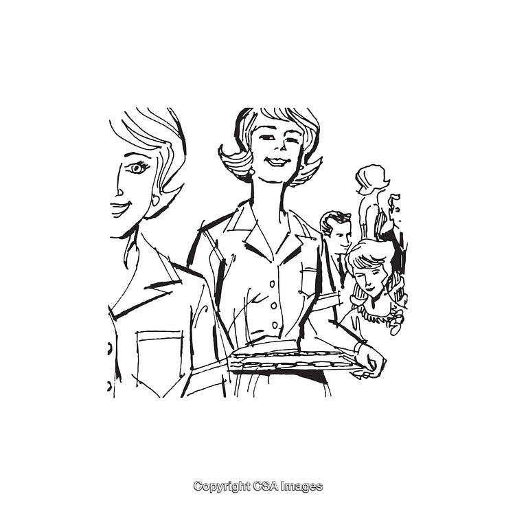 Retro Style Black and White Line Art of a Social Gathering Scene