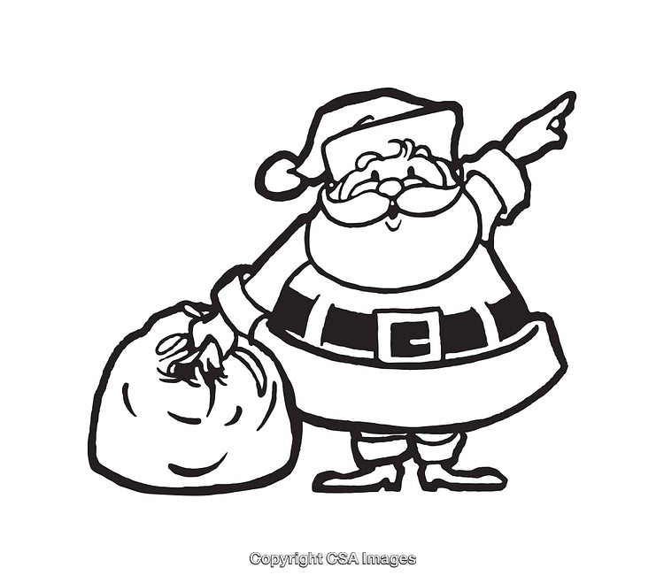 Black and White Line Drawing of Santa Claus with Toy Sack