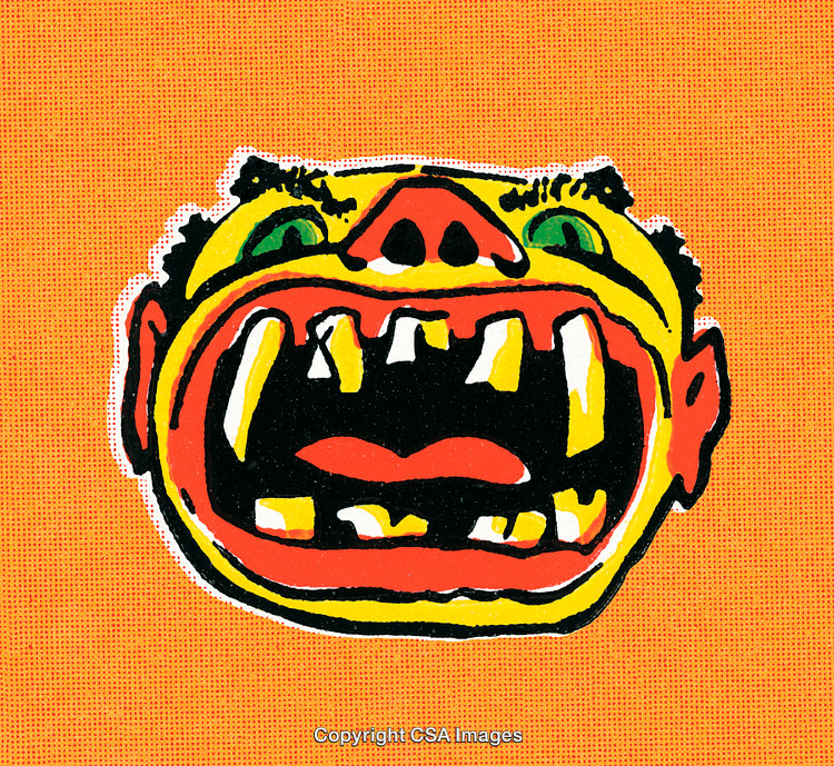 Colorful Abstract Illustration Featuring a Stylized Expression on Vibrant Orange Background