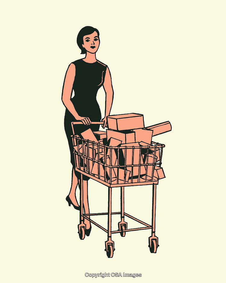 Vintage Retro Shopping Illustration Featuring Female with Shopping Cart and Packages