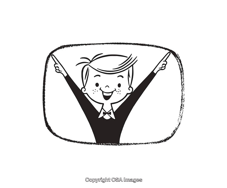 Happy Cartoon Boy Celebrating with Upraised Arms in Black and White Artwork