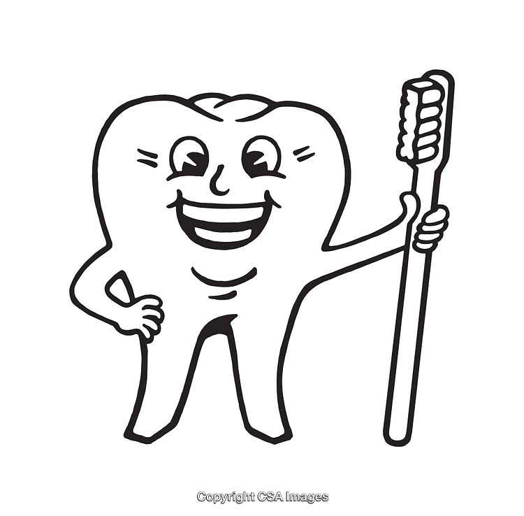 Smiling Tooth Character Holding Toothbrush in Black and White Line Art