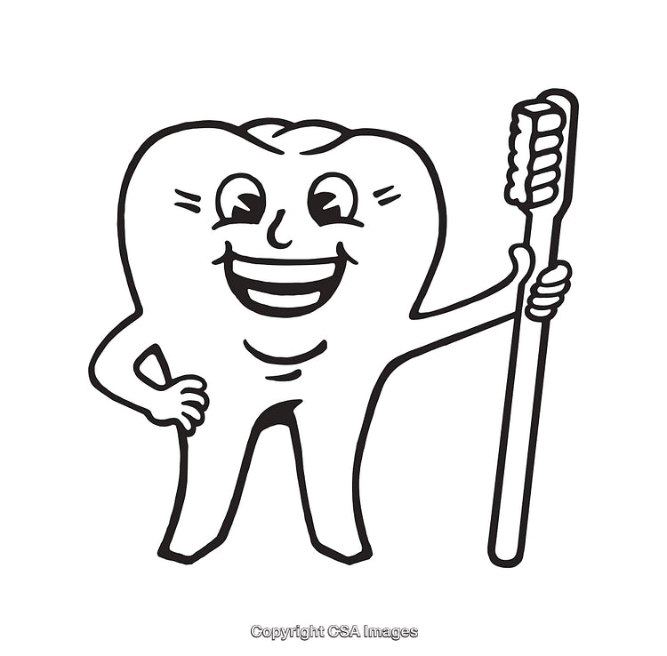 Smiling Tooth Character Holding Toothbrush in Black and White Line Art