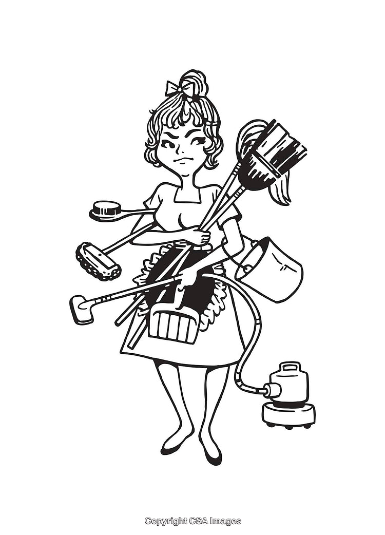 Illustration of Overworked Woman Managing Cleaning Tasks Simultaneously
