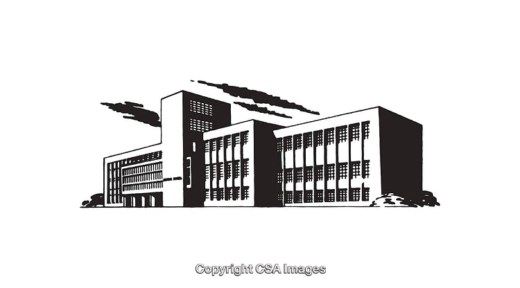 Black and White Illustration of a Large Commercial Building