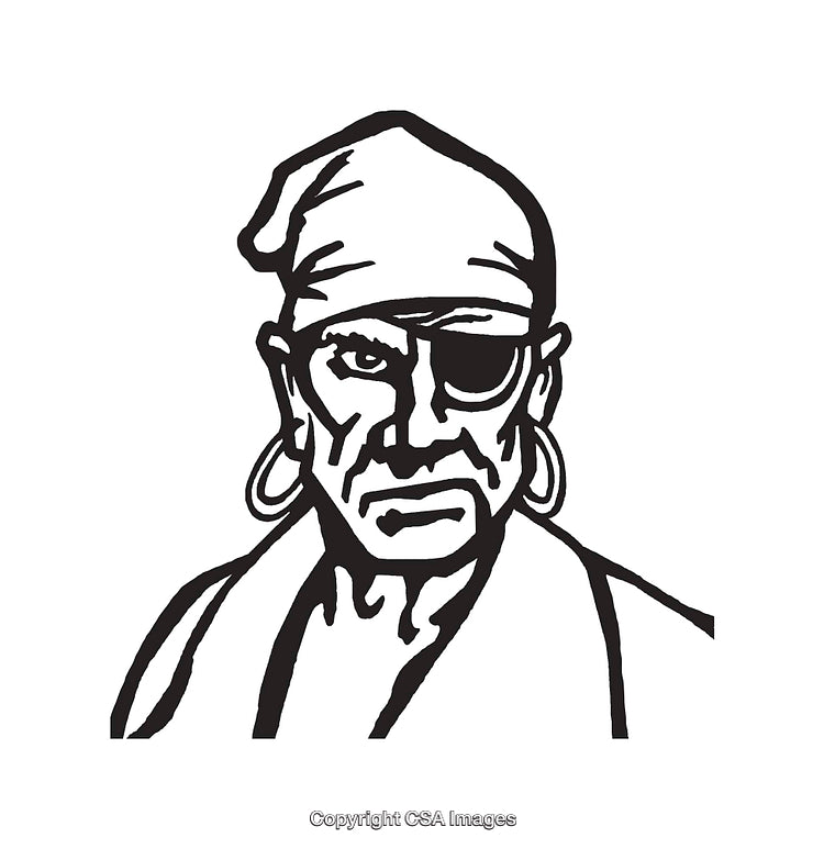 Black and White Drawing of a Pirate with an Eye Patch