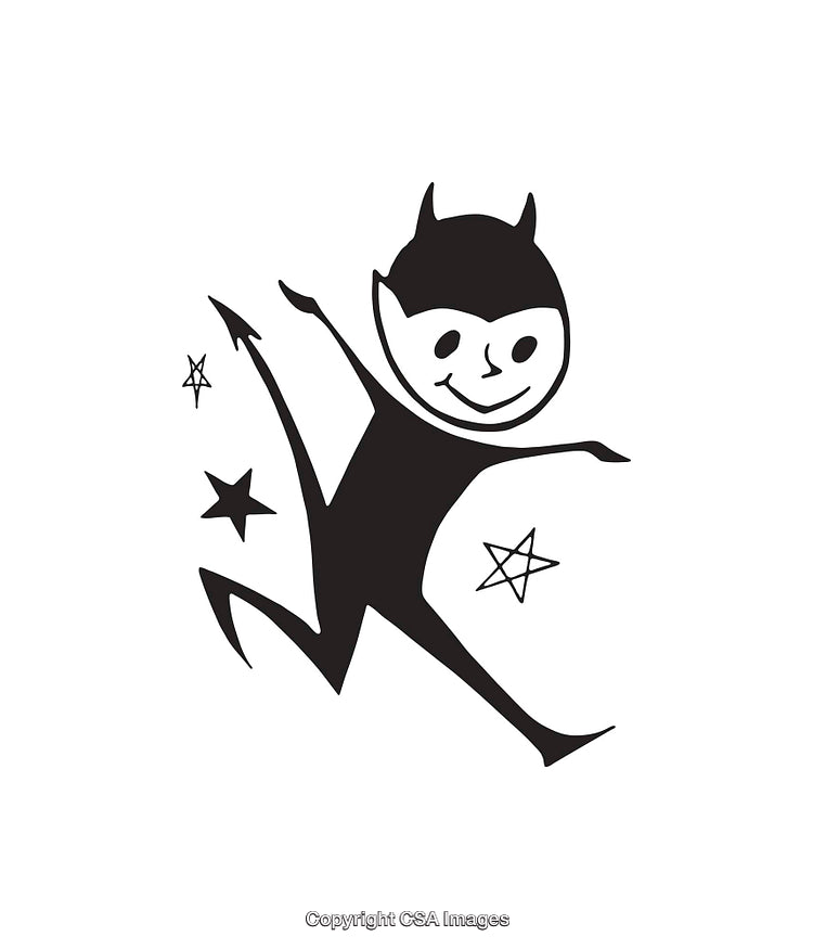 Playful Devil Character With Stars in Black and White Line Art