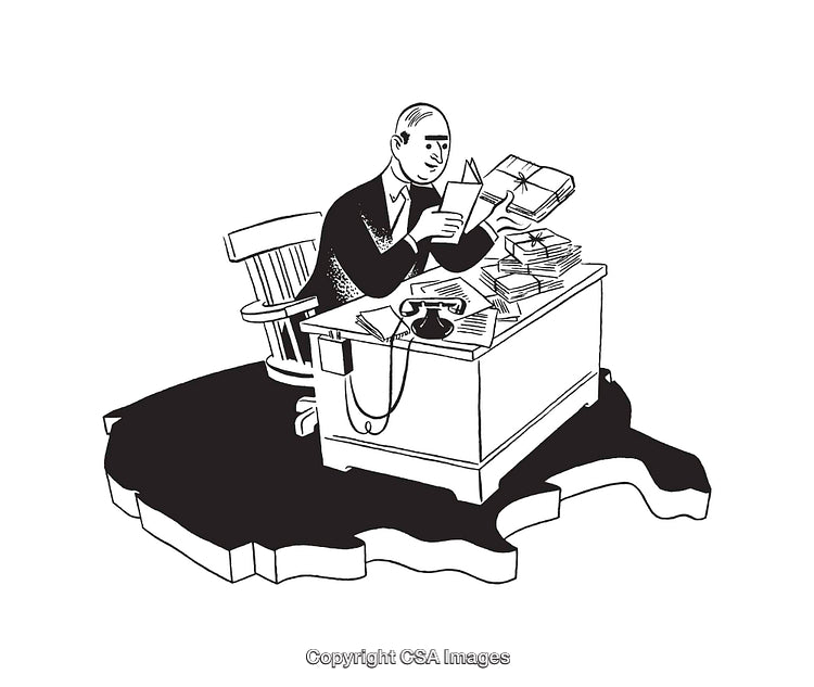 Black and White Line Art of Man Reading at Desk with Papers