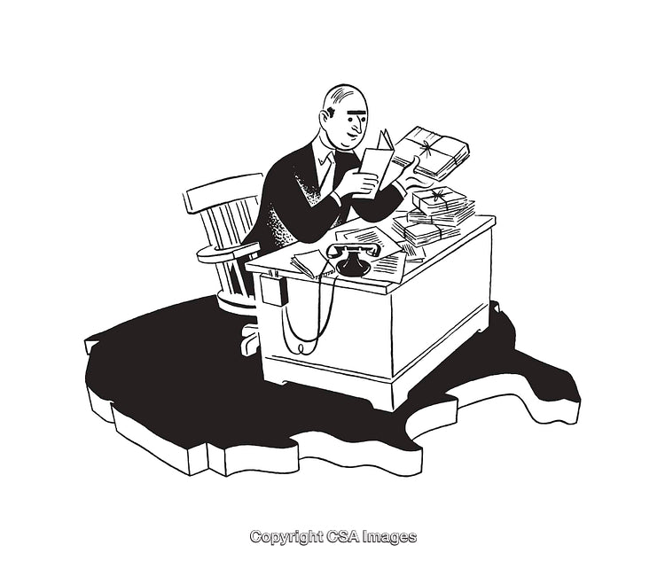 Black and White Line Art of Man Reading at Desk with Papers
