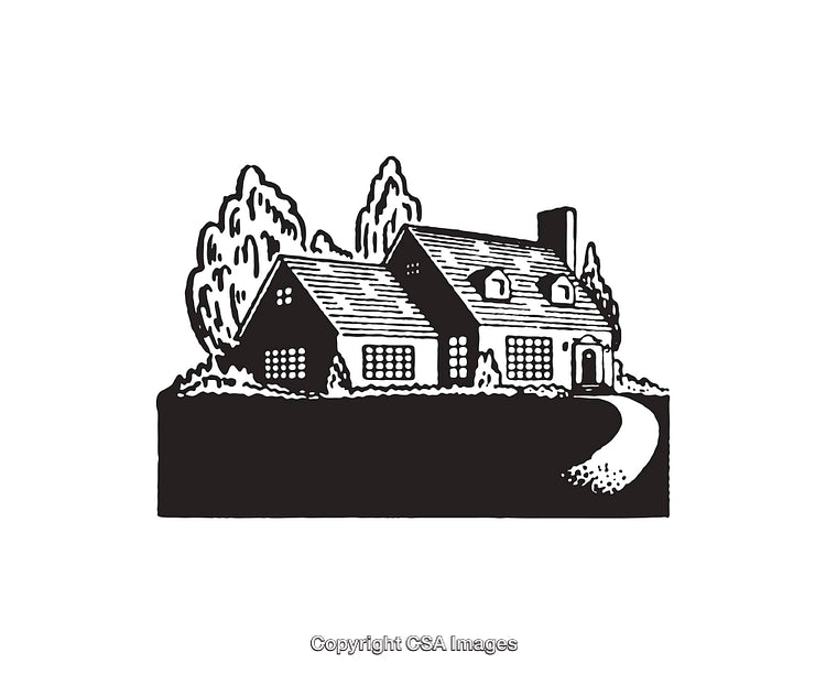 Black and White Line Art of a Cottage with Trees and a Pathway
