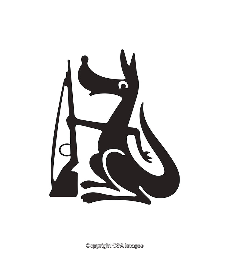 Black and White Illustration of a Dog Holding a Rifle in a Seated Position