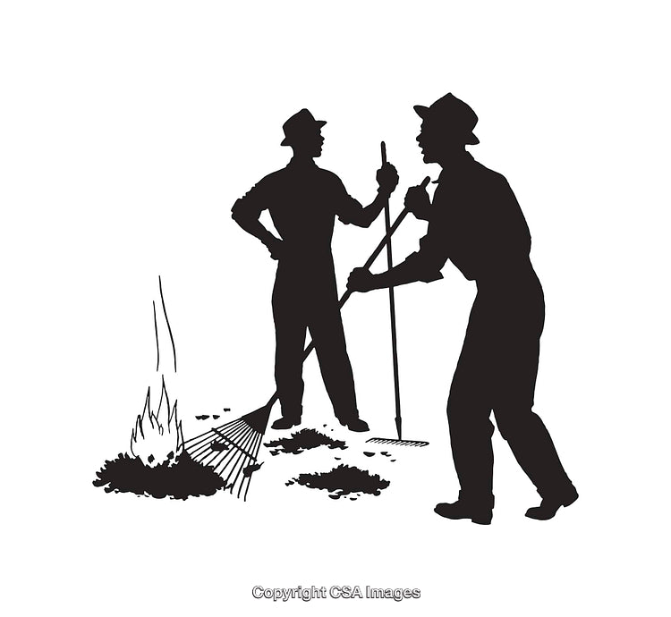 Silhouettes of Workers Performing Outdoor Tasks with Tools and Fire