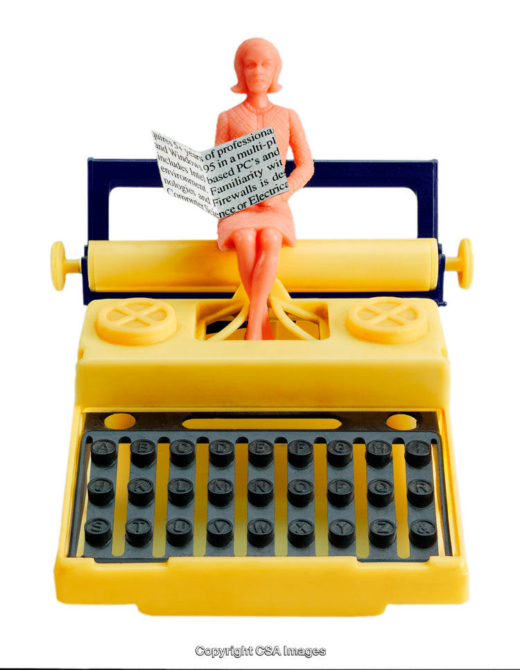 Colorful Plastic Toy Typewriter with Seated Figurine Reading a Paper