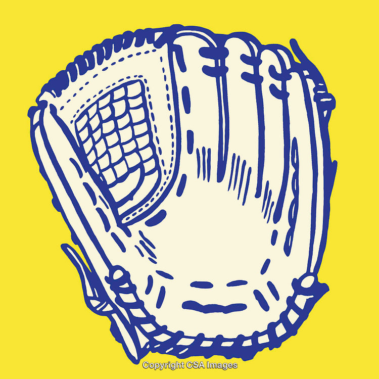 Blue Baseball Glove Line Art Illustration on Bright Yellow Background