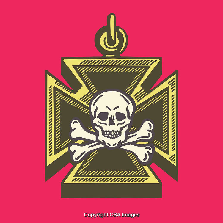 Golden Cross Pendant with Skull and Crossbones on Red Background