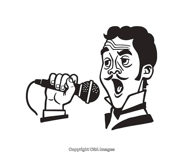 Black and White Illustration of a Singer Holding a Microphone