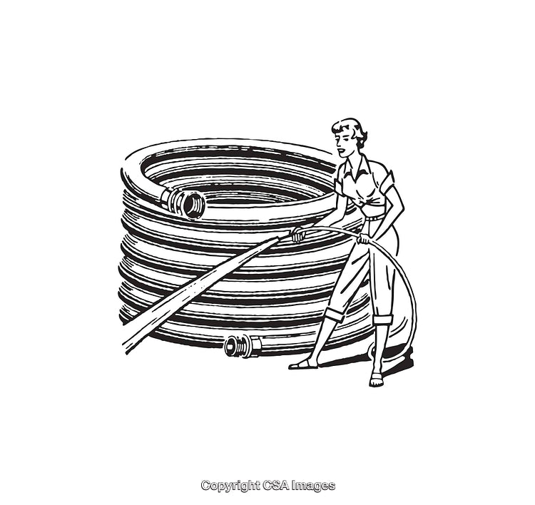 Vintage Illustration of Woman with Coiled Hose in Black and White