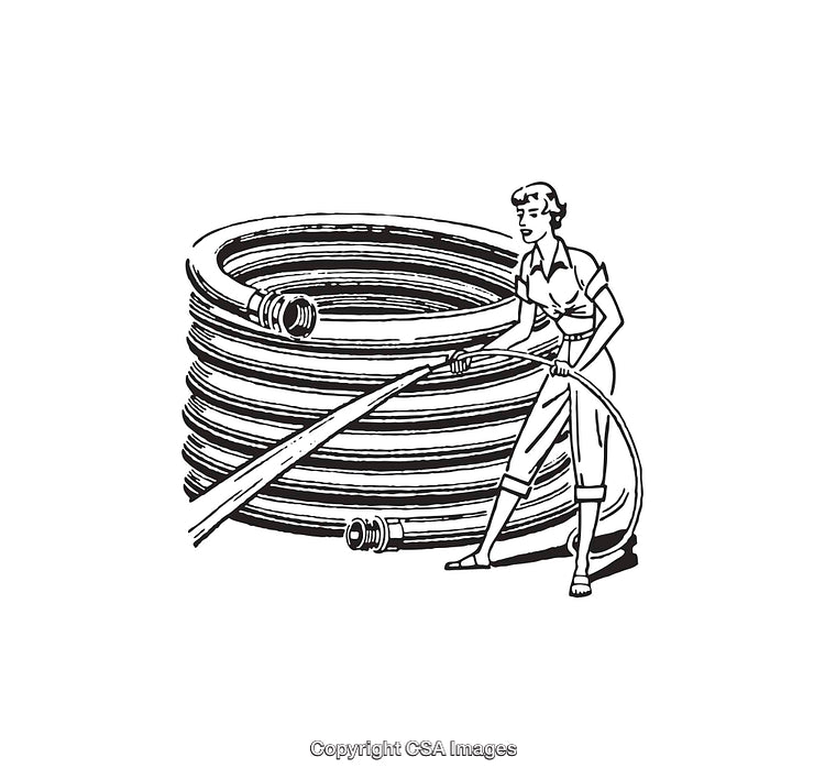 Vintage Illustration of Woman with Coiled Hose in Black and White