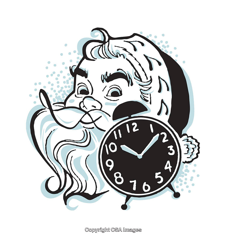 Vintage Santa Cartoon Illustration with Clock Highlighting Holiday Countdown