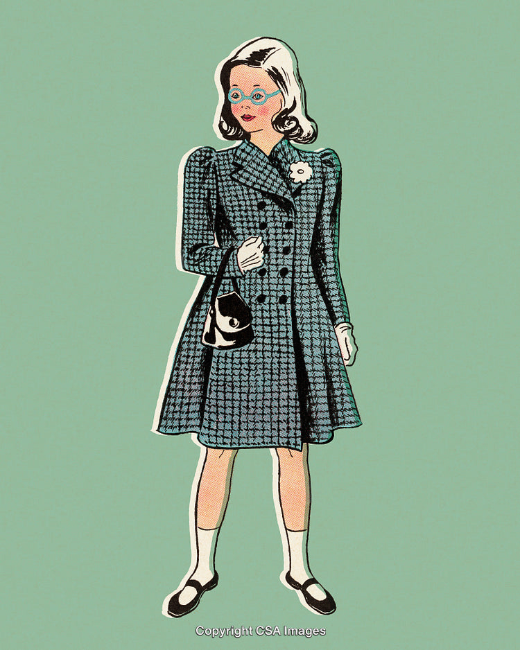Vintage Illustration of a Stylish Woman in a Classic Plaid Coat
