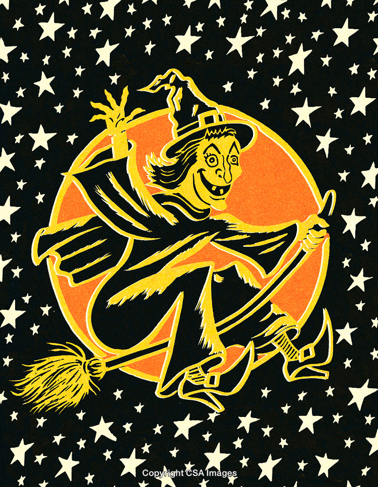 Vintage Illustration of Witch Flying on Broomstick with Starry Night Background