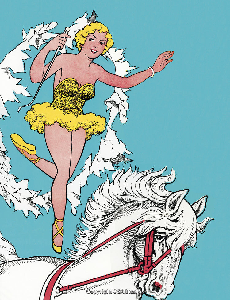 Cheerful Acrobat with White Horse on Vibrant Background Illustration