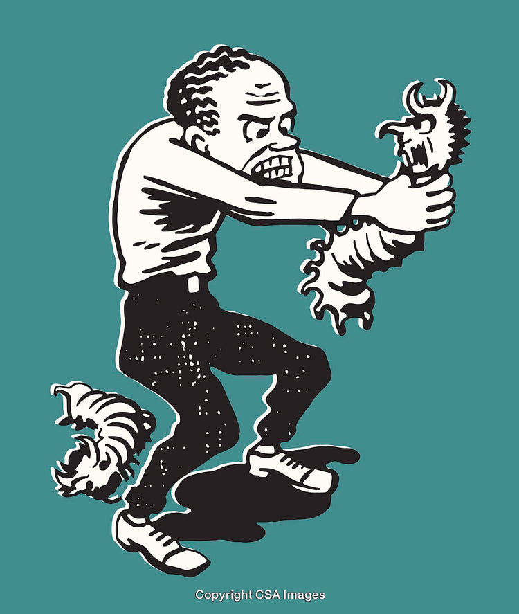 Cartoon Man Struggles with Creature in Vibrant Comic Style Illustration
