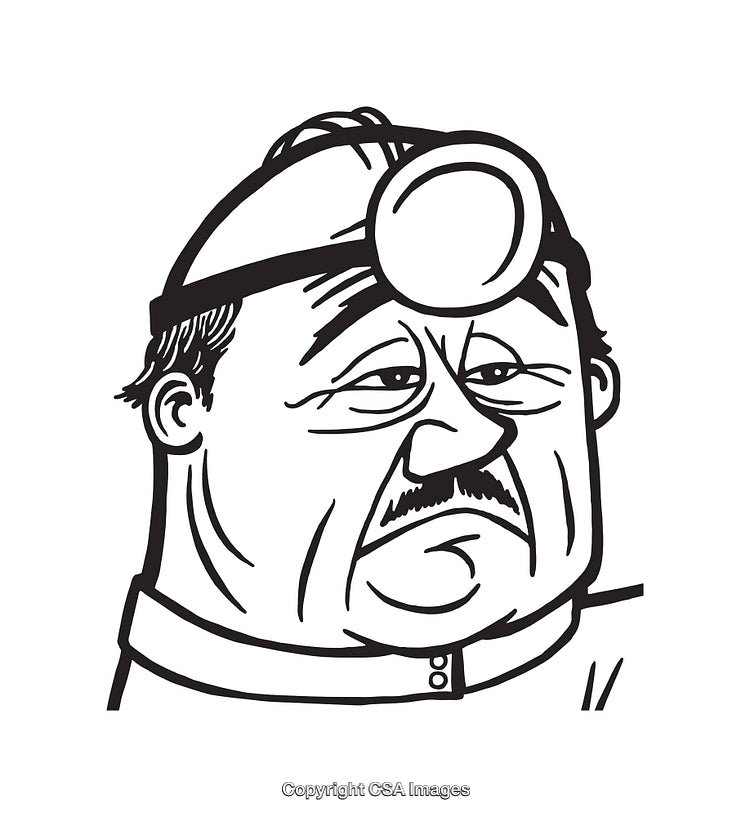 Black and White Line Art Illustration of a Doctor Wearing a Reflector