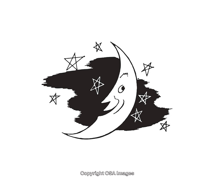Black and White Line Art Illustration of a Crescent Moon With Stars