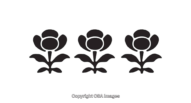 Minimalistic Black Floral Icons Patterned in Triplet Design on White Background