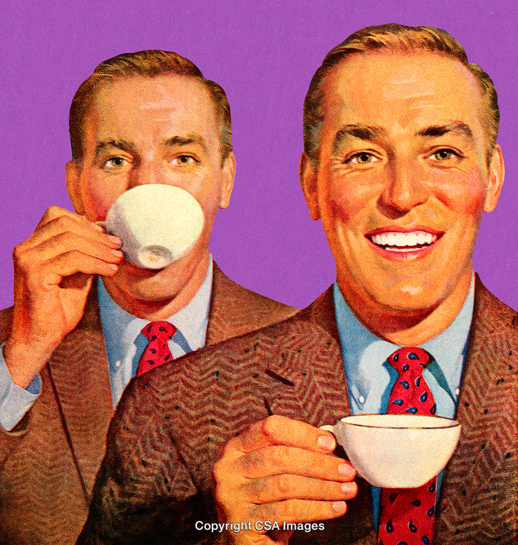 Retro Styled Illustration of Smiling Man Enjoying a Cup of Coffee